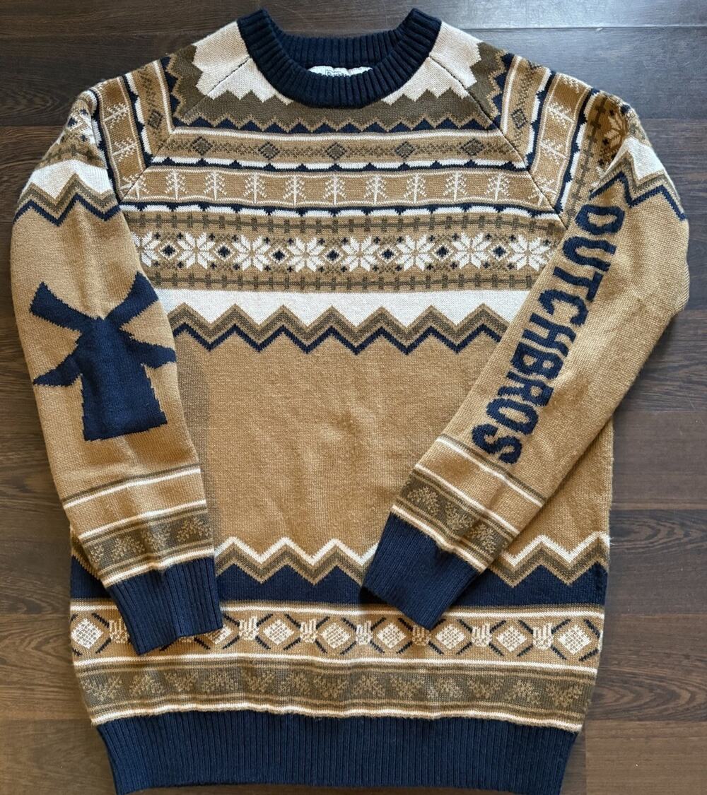 Dutch Bros Sweater Mustard Navy Fair Isle Unisex Ribbed Knit Pullover Medium